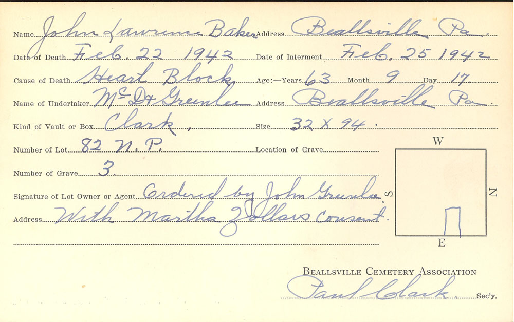 John Lawrence Baker burial card